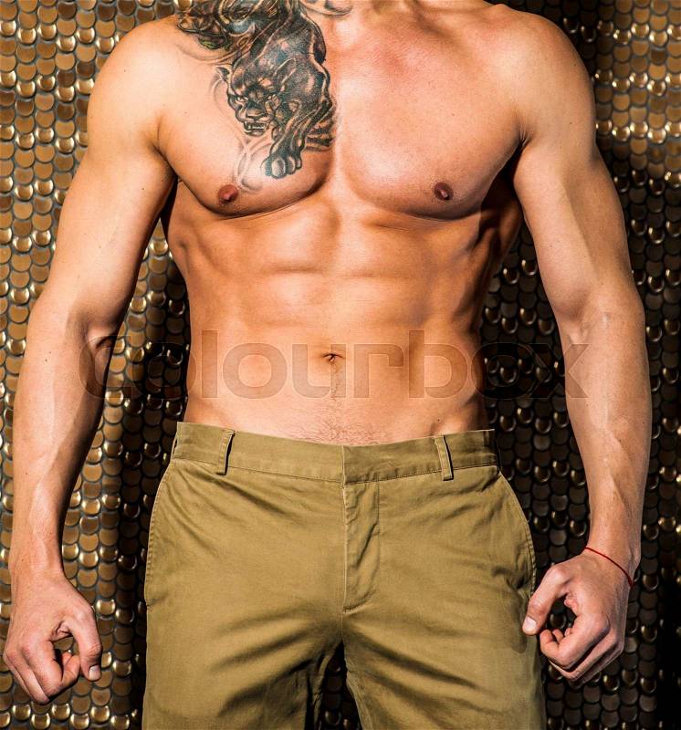Handsome tattooed man with beautiful muscular body in pants poses on luxurious interior background. Fashion look.Athletic guy.Naked torso, stock photo