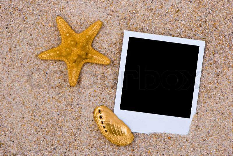 Photo frame with golden sea shells on sand background, stock photo