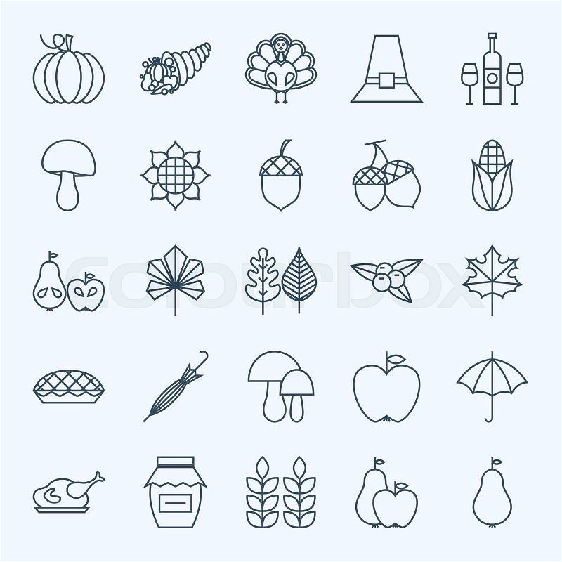 Line Holiday Thanksgiving Day Icons Set. Vector Set of 25 Autumn Seasonal Holiday Modern Line Icons for Web and Mobile. Thanksgiving Dinner Food Icons Collection, vector