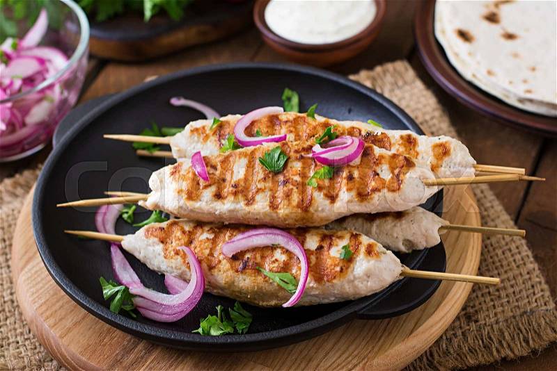 Chicken kebab with grilled vegetables, stock photo