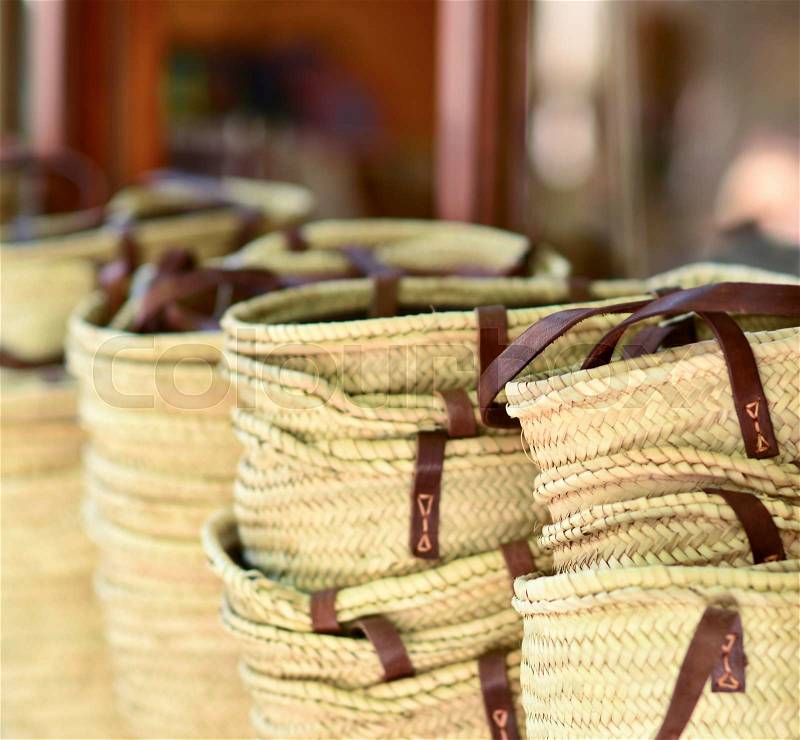 Knitted bags with handles in store, stock photo