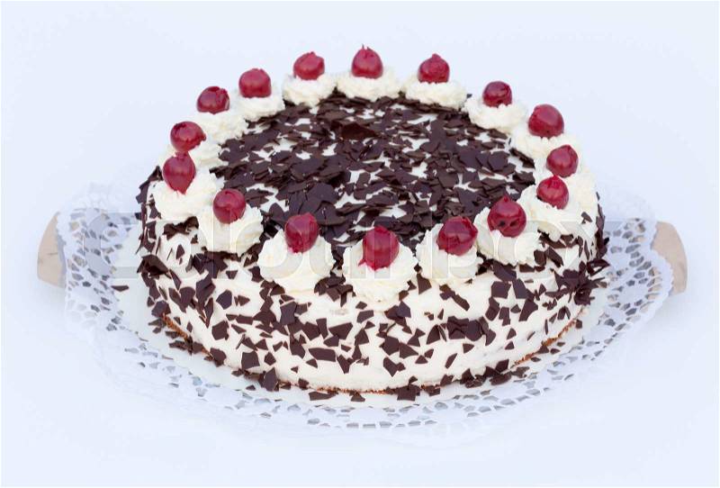 Black Forest cake on a white background, stock photo
