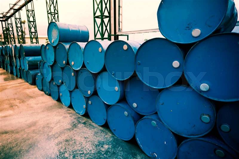 Industry oil barrels or chemical drums stacked up. Fillter image processed, stock photo