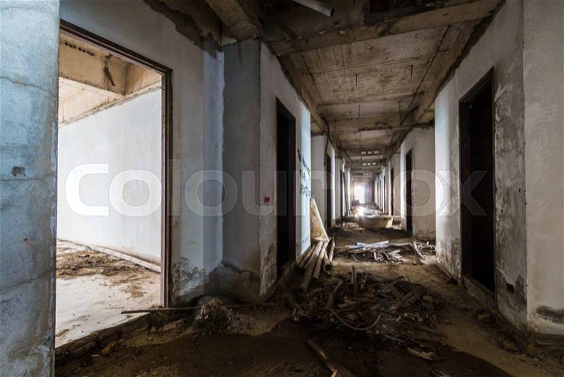 Abandoned building discarded building, corridor, stock photo