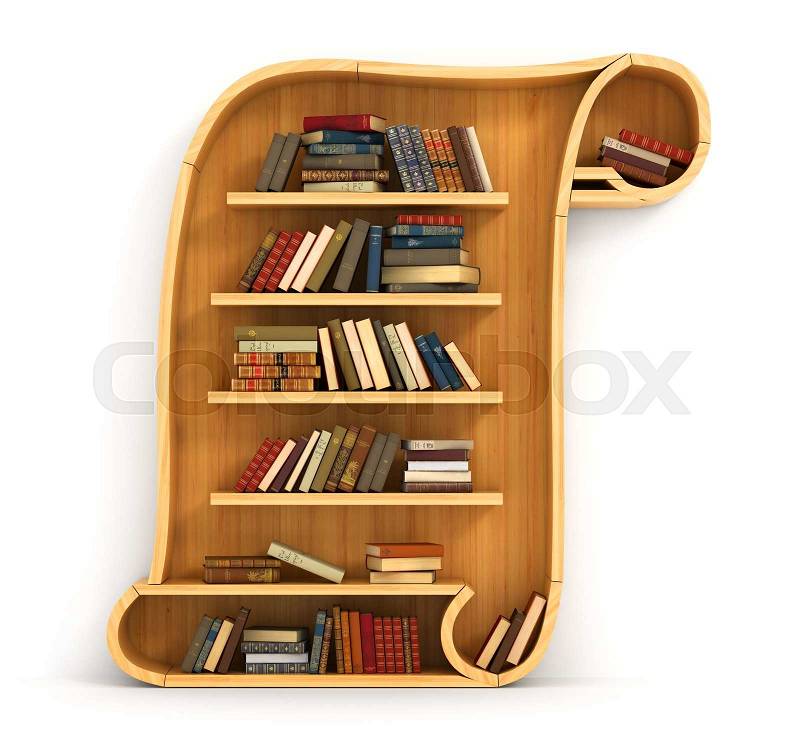 Concept of training. Wooden bookshelf in form of scroll. History. A human have more knowledge, stock photo