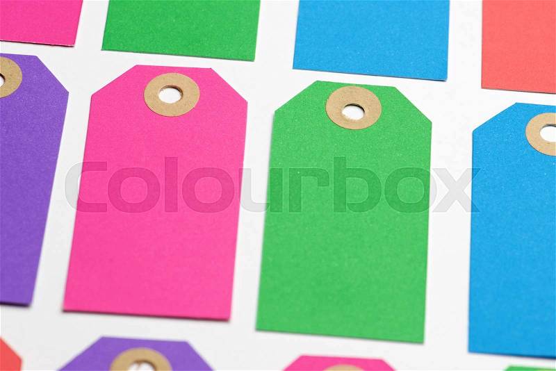 Labels group on a white table, stock photo