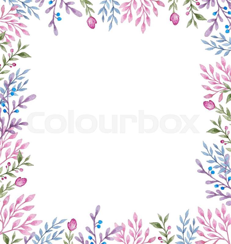 Watercolor hand drawn floral frame with flowers and leaves, stock photo
