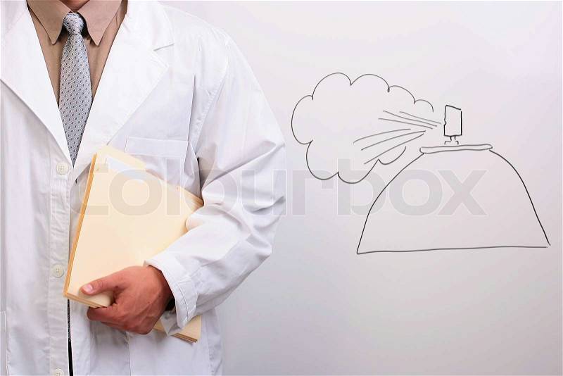Man in a white lab coat holding manila folders while standing next to a drawing of spray, stock photo