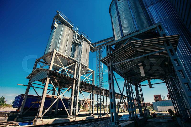 Set of storage tanks cultivated agricultural crops processing plant, stock photo