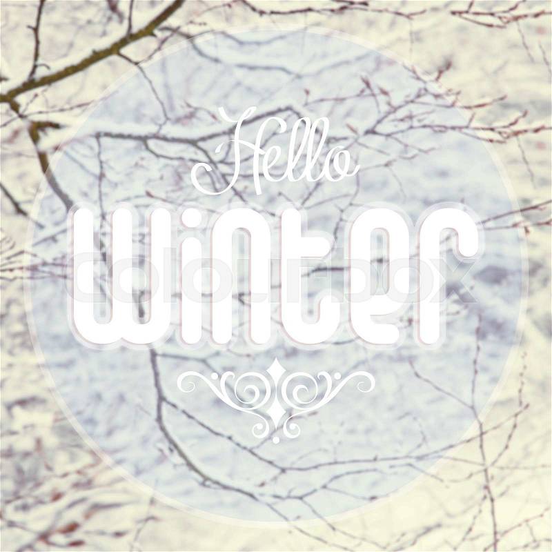 Snowy winter background with Hello Winter text. , stock photo
