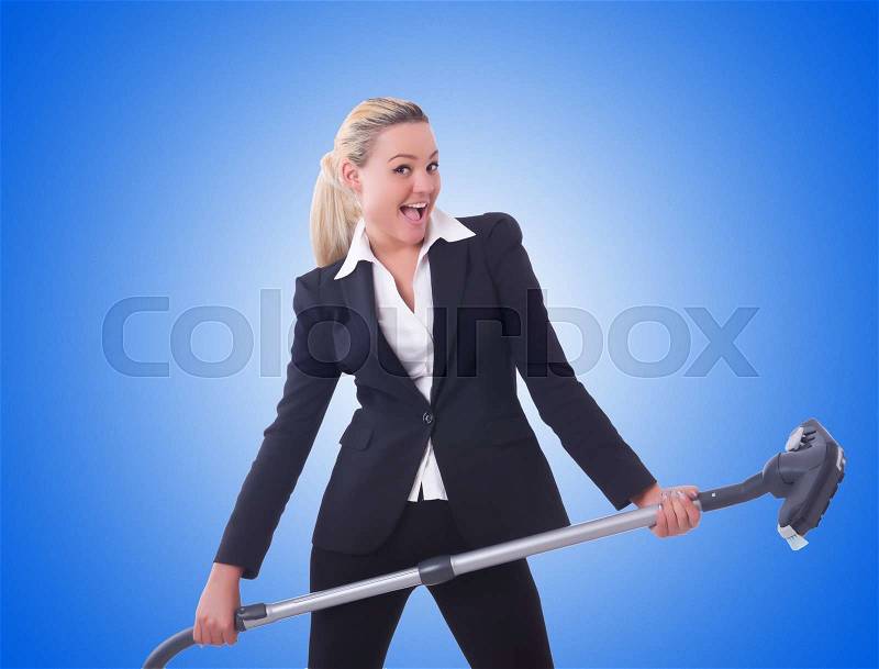 Businesswoman with vacuum cleaner on white, stock photo