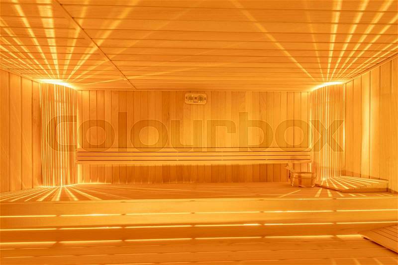 Hot wooden sauna room interior, stock photo