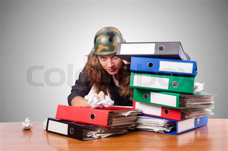 Office fight concept with female worker, stock photo