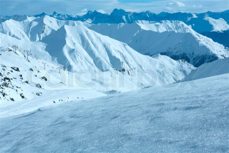 Morning winter Silvretta Alps landscape, Tyrol, Austria, stock photo