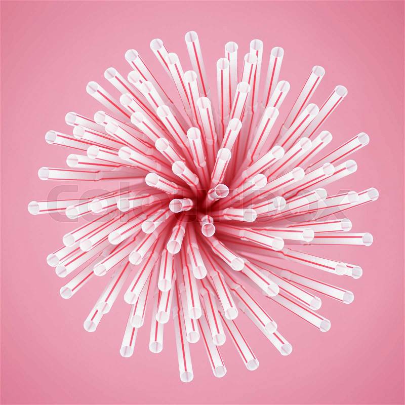 Red striped cocktail straws in glass overhead view, stock photo