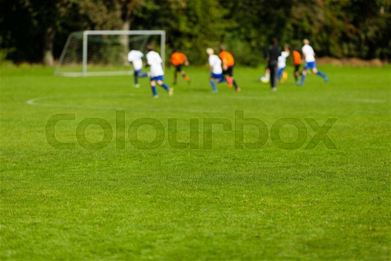 Blurred soccer players playing soccer match on green soccer pitch on sunny summer day, stock photo