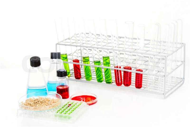Laboratory science lab equipment containing colored liquids experiment, stock photo