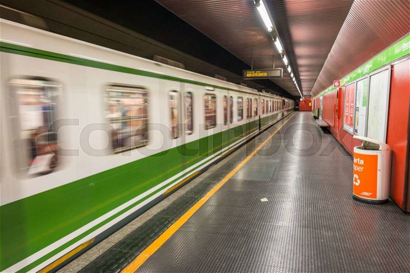 MILAN - SEPTEMBER 25, 2015: Interior of city metro station. The network consists of 4 lines, with a total network length of 92 kilometres, stock photo