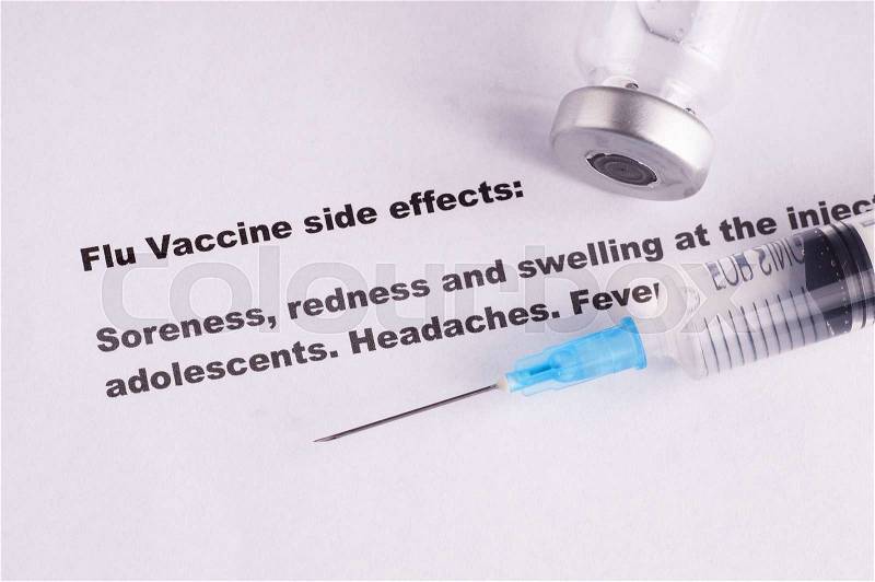 Flu Vaccination and warning about sympthoms and sideeffects, stock photo