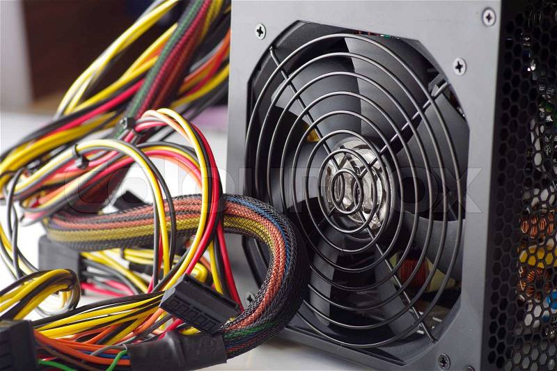 Computer fan and the colored wires, stock photo