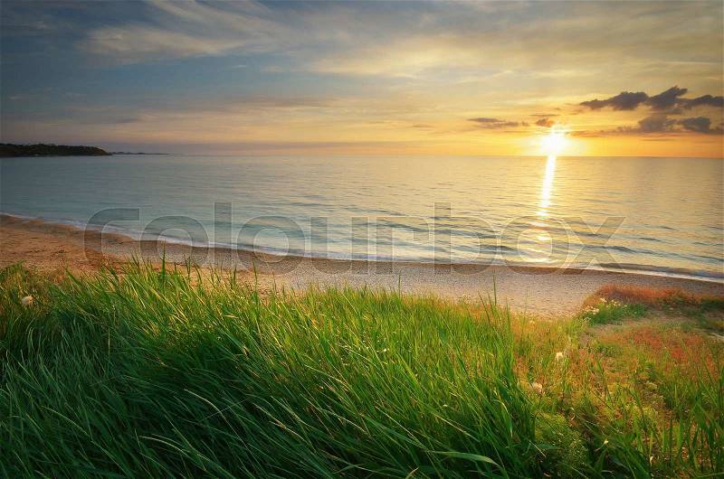 Sundown composition. Sky, sea, and green grass, stock photo