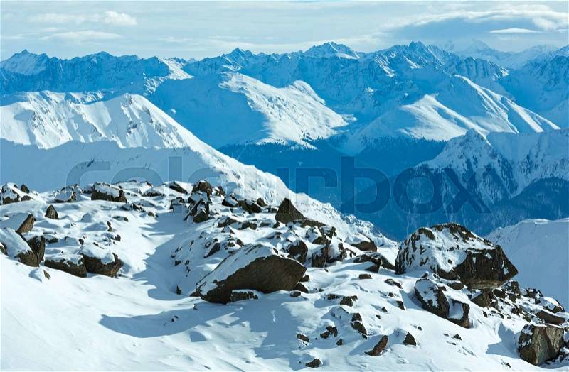 Morning winter Silvretta Alps landscape. Tyrol, Austria, stock photo