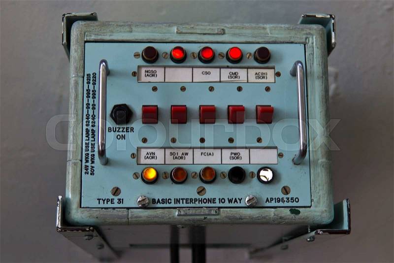 Retro interphone communication device aboard military navy ship, stock photo