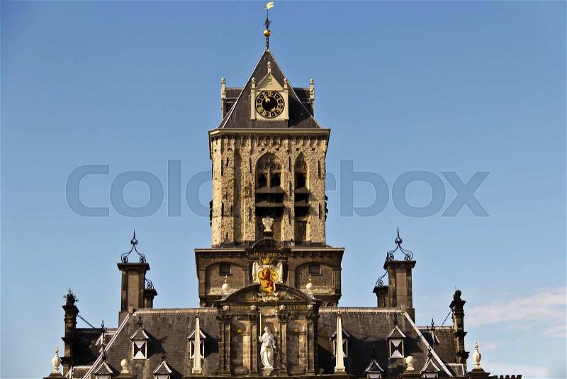 Delft City Hall rooftop with its Renaissance architecture, stock photo
