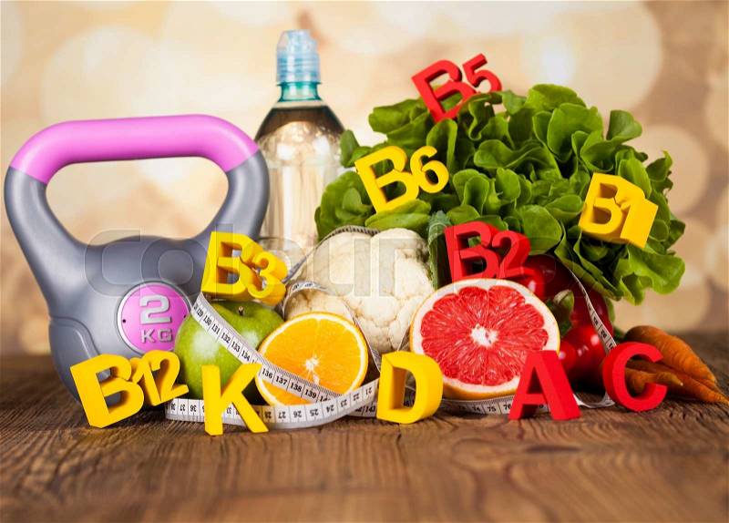 Fitness vitamin concept, fresh fruit and vegetable, stock photo
