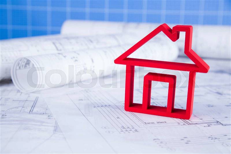 Project blueprints drawings of house model, stock photo