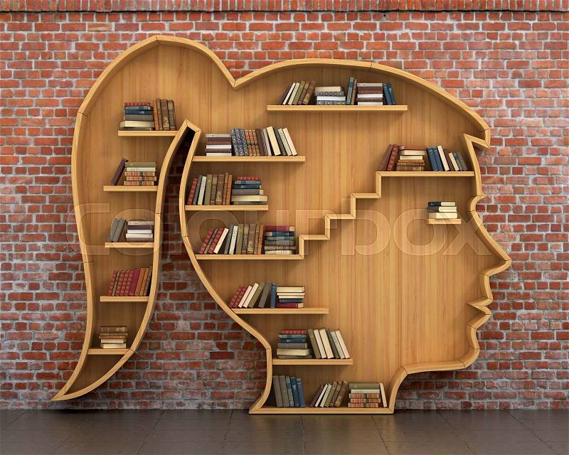 Concept of training. Wooden bookshelf full of books in form of woman head on a bricks background. Science about human. Psychology. A human have more knowledge, stock photo