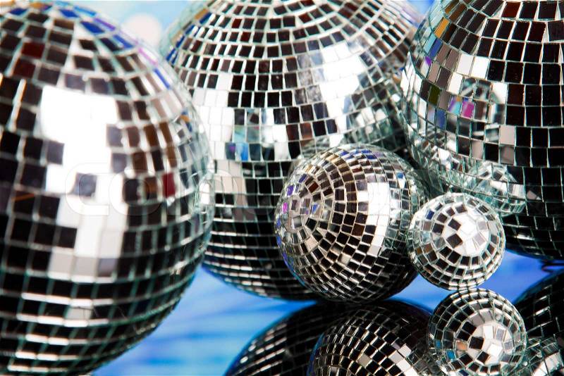 Disco Balls, sound waves and Music background, stock photo