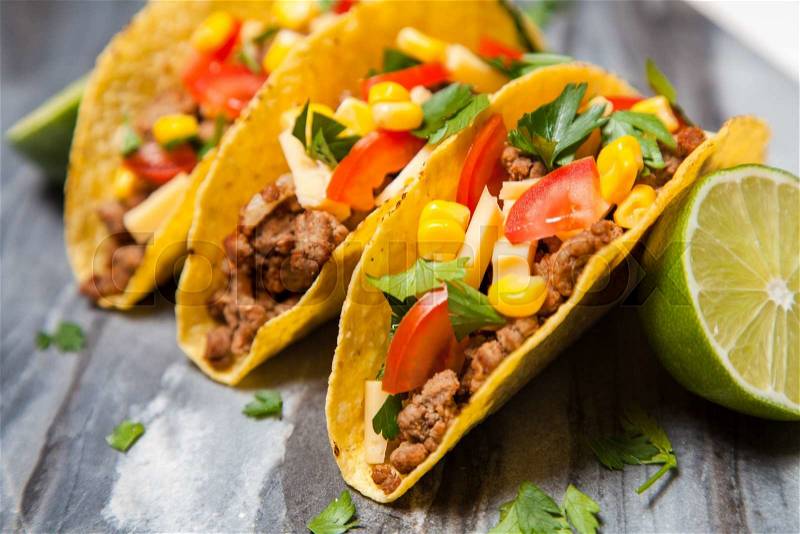 Mexican food - delicious tacos with ground beef, stock photo