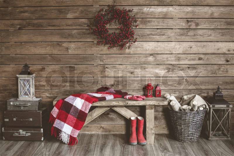 Winter home decor. Christmas rustic interior. Farmhouse decoration style, stock photo