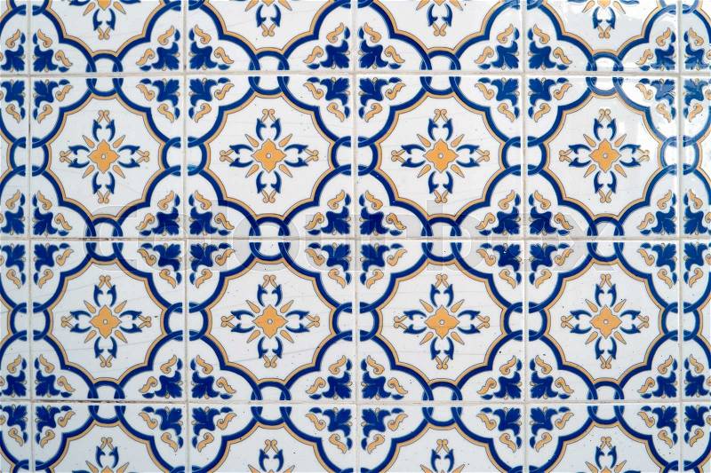 Closeup detail of old Portuguese glazed tiles, stock photo