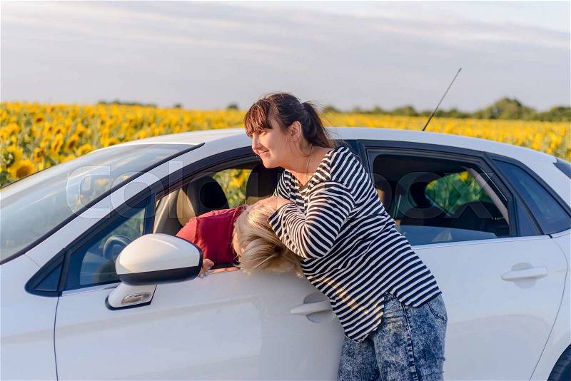 Two women fighting in a car with one standing outside in the road gripping the female driver by the hair - car parked on a rural road alongside sunflowers, stock photo