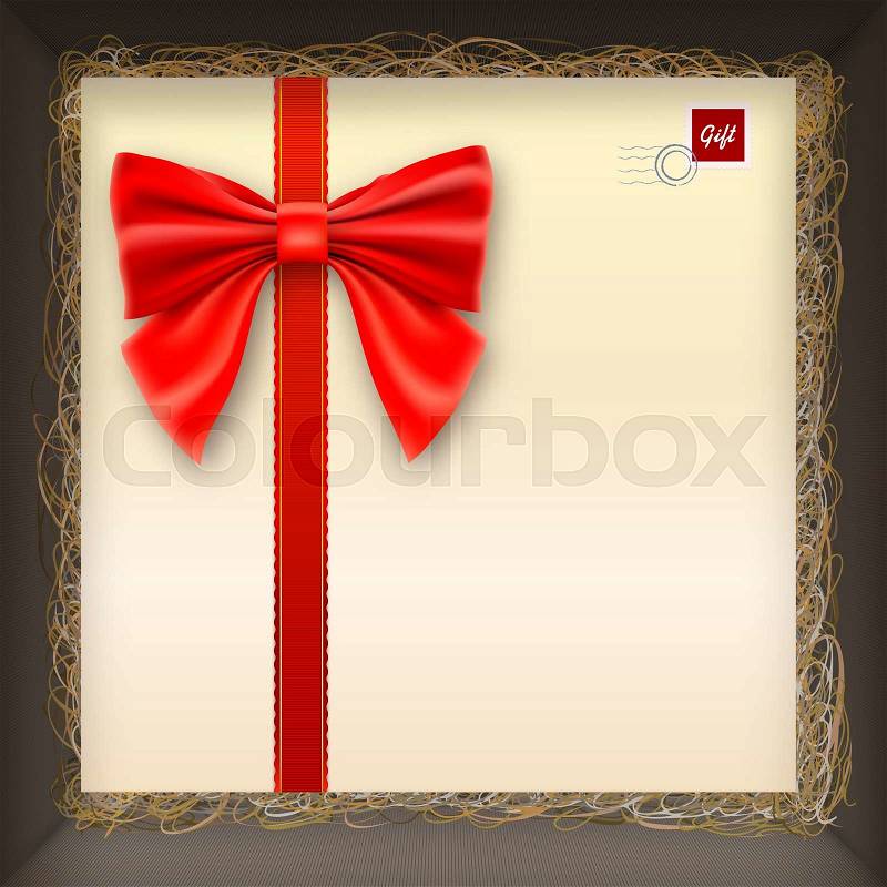 Gift envelope with a bow and ribbon in box, stock photo