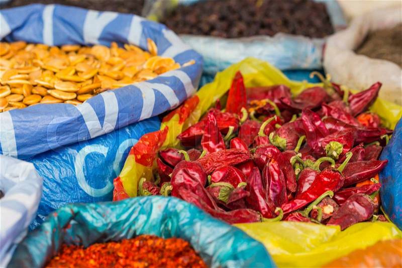 Beautiful vivid oriental market with bags full of various spices in Osh Kyrgyzstan, stock photo
