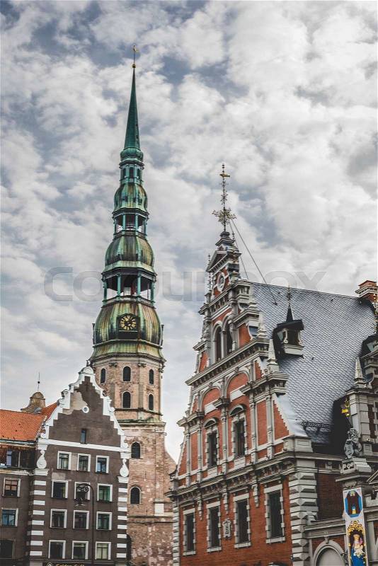 Saint Peters Church is a tall Lutheran church in Riga, Latvia, stock photo