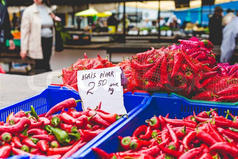 Red hot chili peppers in local market, stock photo