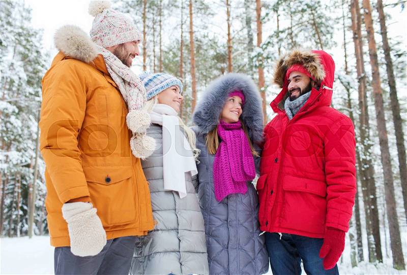 Love, relationship, season, friendship and people concept - group of smiling men and women talking in winter forest, stock photo