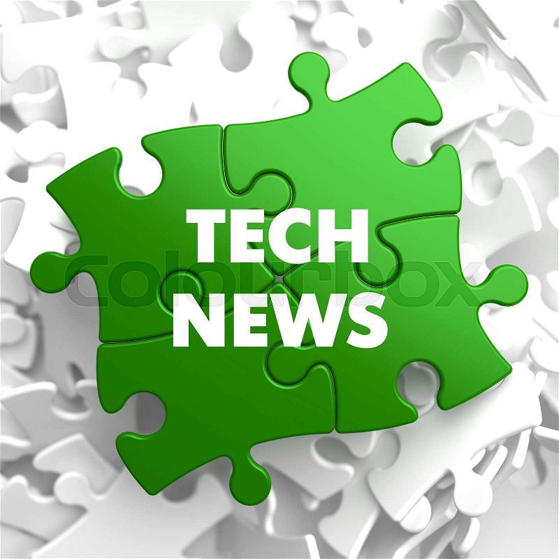 Tech News on Green Puzzle on White Background, stock photo