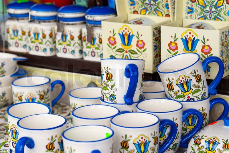 Colorful ceramics in traditonal polish market. , stock photo