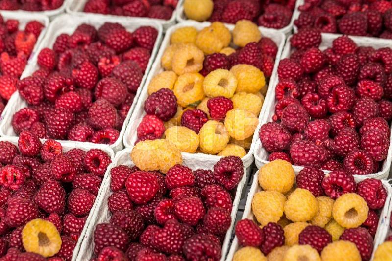 Red and yellow raspberries in boxes at local farm market , stock photo