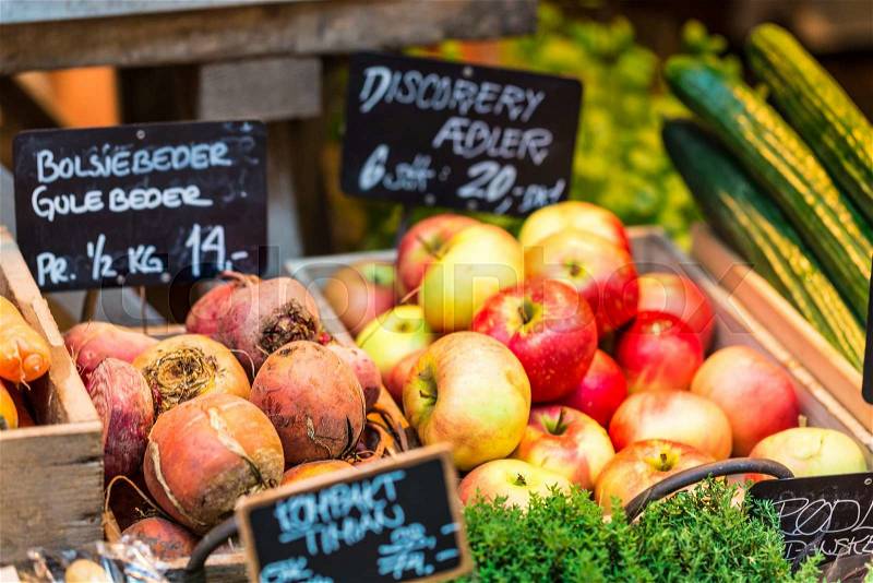 Fresh fruits on a farm market in Copenhagen, Denmark, stock photo