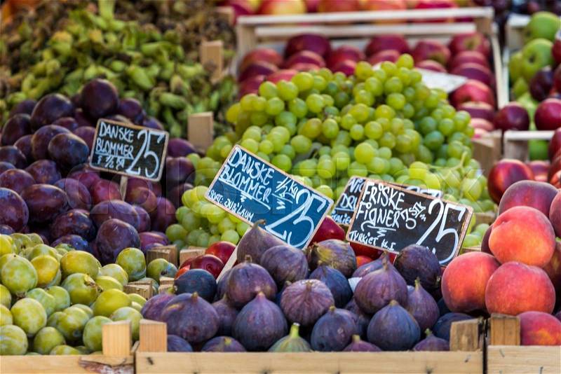 Fresh fruits on a farm market in Copenhagen, Denmark, stock photo
