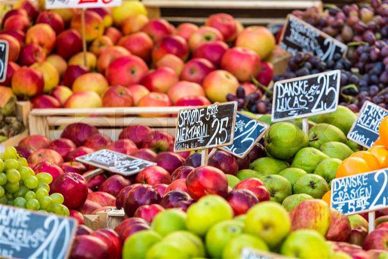 Green and red apples in local market in Copenhagen,Denmark, stock photo