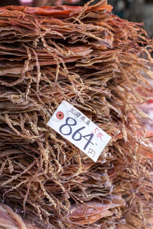 Dried fish, seafood product at market from Japan, stock photo