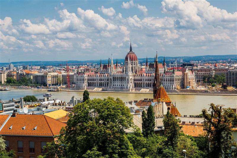 The building of the Hungarian Parliament in Budapest at the river Danube, Hungary, stock photo