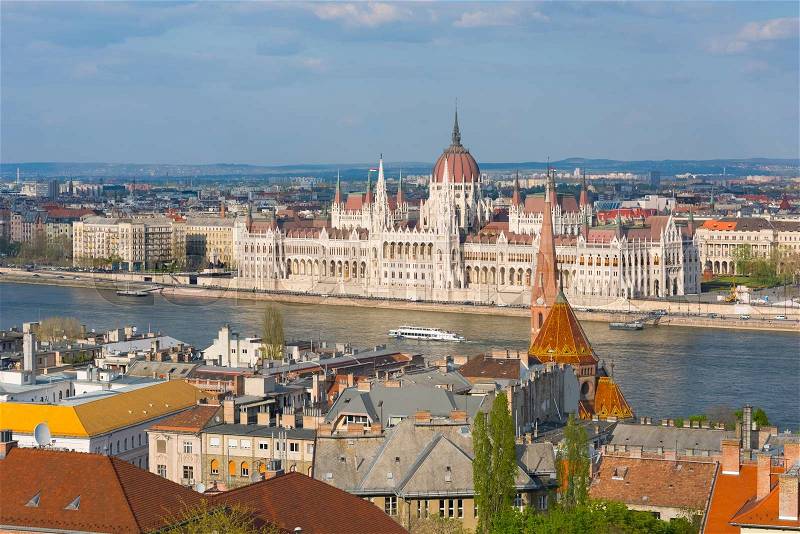 View of Hungarian Parliament in a spring evening, stock photo